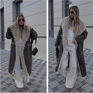 NWOT Zara Double-Sided Reversible Long Coat Faux Suede Fur Brown Taupe | XS